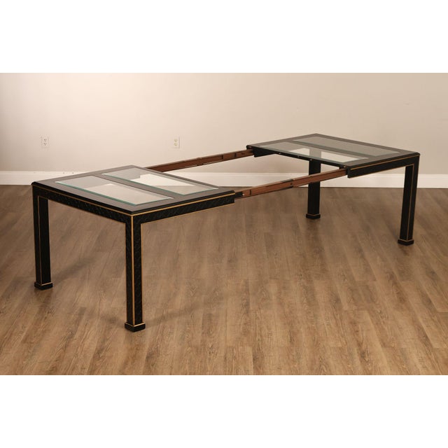 Late 20th Century Chinese Chippendale Black Lacquered Dining Table With Two Leaves, Inset Glass For Sale - Image 5 of 18