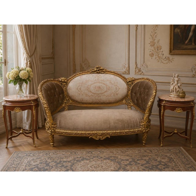 1900 French Louis XVI Gilt Beech Velvet Settee - 1 Pc For Sale - Image 6 of 11