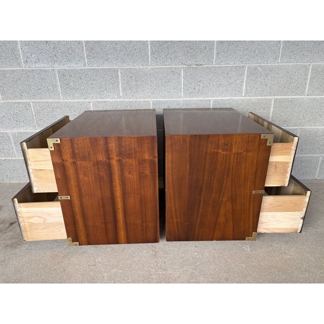 Lane Furniture Mid 20th Century Lane Furniture Campaign Style 2 Drawer Walnut Nightstands - A Pair For Sale - Image 4 of 12