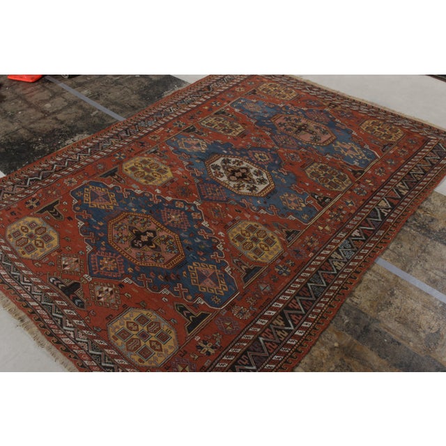 Tribal Hand-Knotted Antique Russian Soumak Rug in Red, Blue, Medallion All Over Pattern For Sale - Image 3 of 6