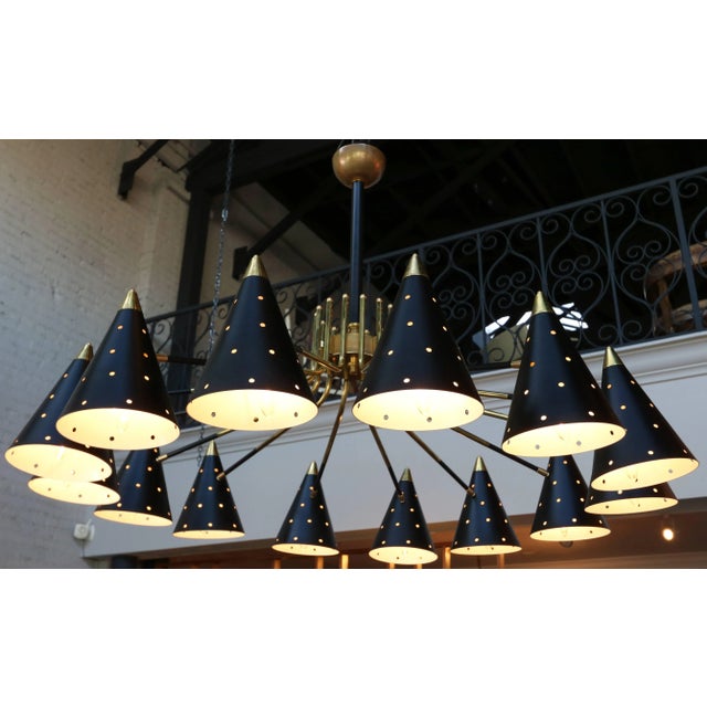 Not Yet Made - Made To Order Midcentury Style Brass Chandelier With Black Perforated Shades For Sale - Image 5 of 9