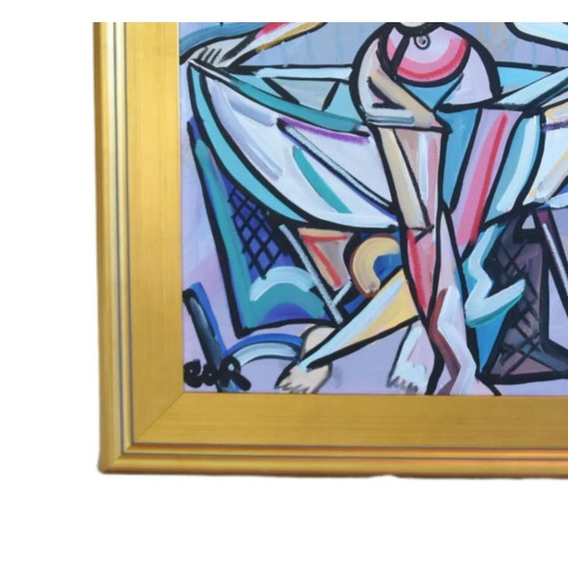 Contemporary Modern Cubism Listed Artist Nude Oil Painting Including the Antiqued Gold Wood Frame For Sale - Image 4 of 7