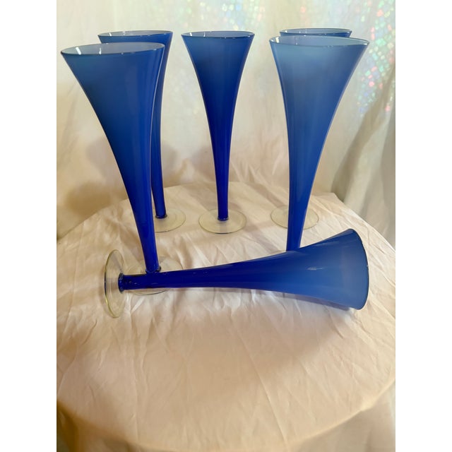 Vintage Post Modern Hollow Stem Cobalt Blue Flute Glasses a Set 6 For Sale - Image 4 of 6