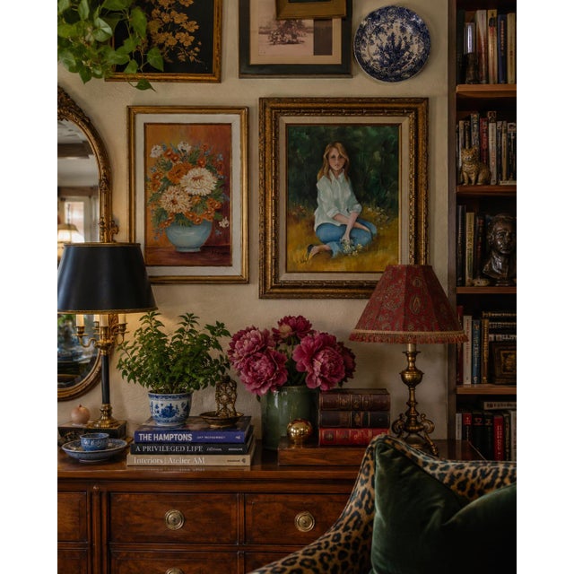 Charming 1980s vintage still life oil painting signed J. Romero, featuring a colorful bouquet of flowers arranged in a...