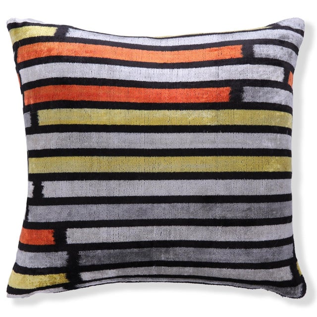 "Artisan-crafted in California from Uzbek &amp; Turkish silk velvet Graphic stripe design in orange, yellow, gray, and...
