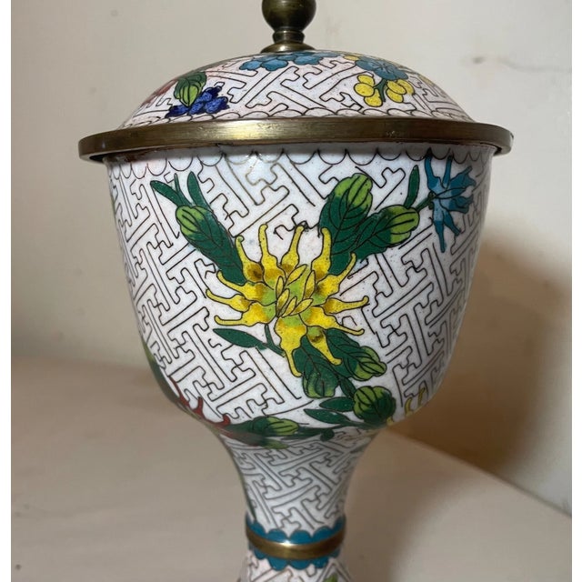 High Quality Antique Handmade Chinese Enamel Bronze Cloisonné Lidded Urn Jar For Sale - Image 11 of 13