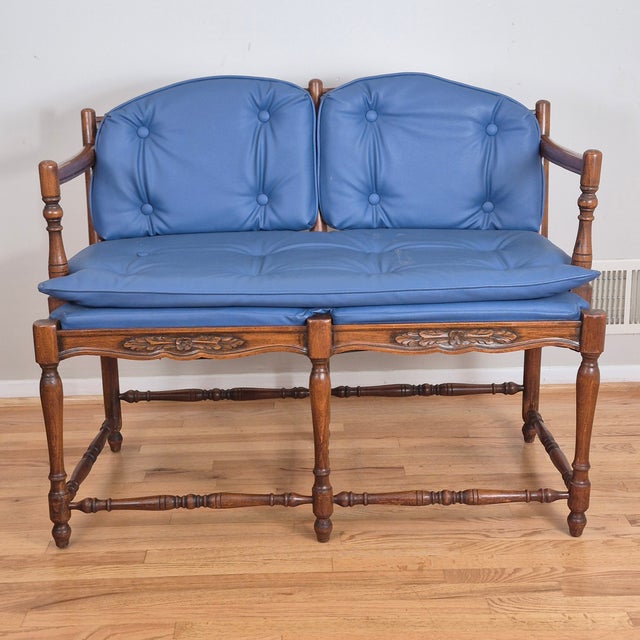 Mid 20th Century French Country Petite Walnut Ladder Back Settee Bench W/ Blue Faux Leather Cushions For Sale - Image 14 of 14