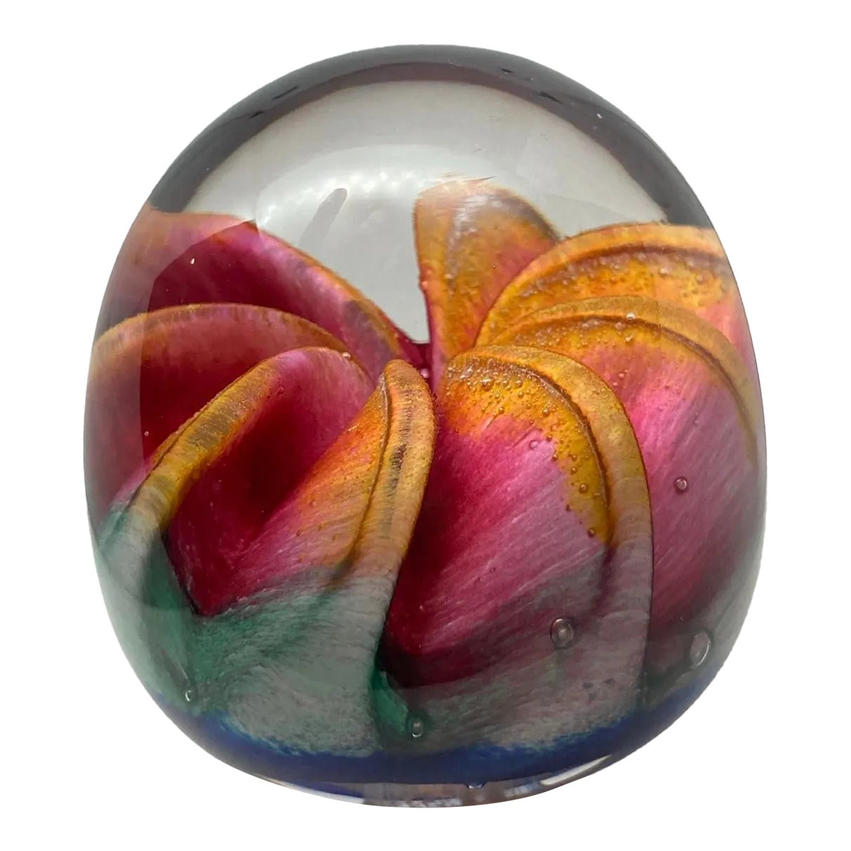 Epiphany 2003 Art Glass Orange Ruby Fruit / Blue Paperweight | Chairish