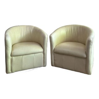 1980s Vintage Italian Postmodern Cream Leather Swivel Chairs - Pair For Sale