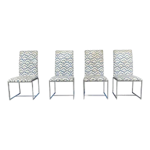1970s Mid Century Chrome Dining Chairs Styled After Milo Baughman- Set of 4