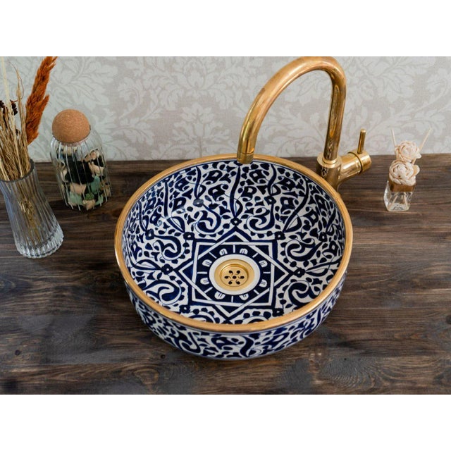 Moroccan Moroccan Handmade Ceramic Brass Rim Countertop Bathroom Sink For Sale - Image 3 of 3