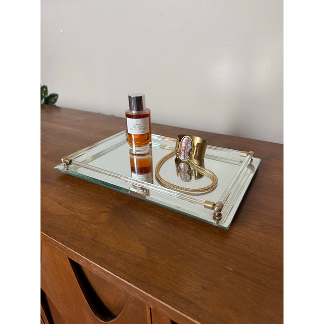 Vintage Glass Mirror and Lucite Vanity or Perfume Tray Glass mirror tray featuring lucite “rails” which function to...