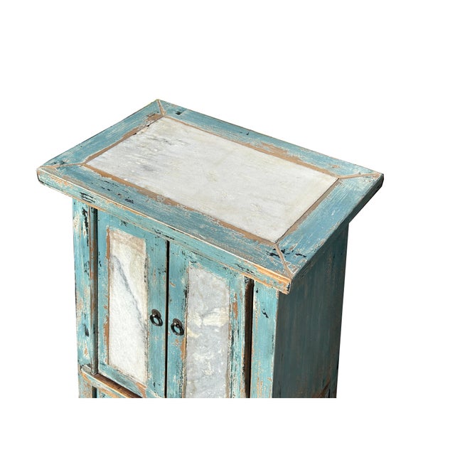 2000 - 2009 Distressed Pale Blue Stone Top Doors Slayed Legs End Table Nightstand For Sale - Image 5 of 5