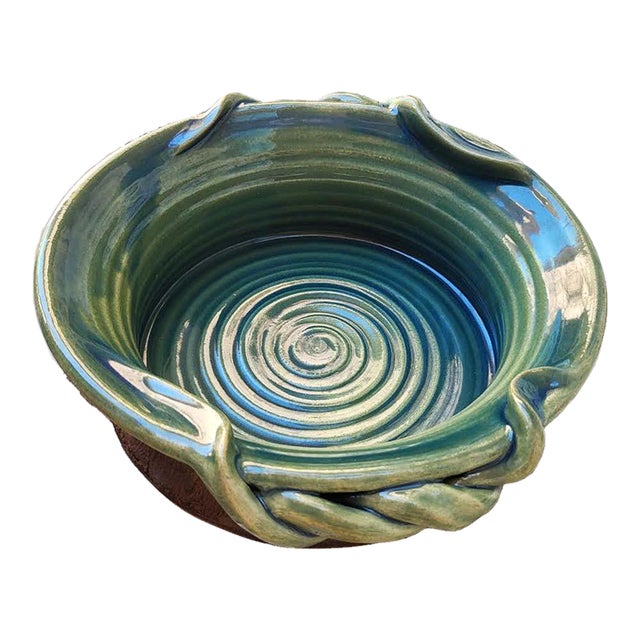 Vintage Handcrafted C. Cly Studio Pottery Swirl Serving Bowl With Braided Rope Rim For Sale