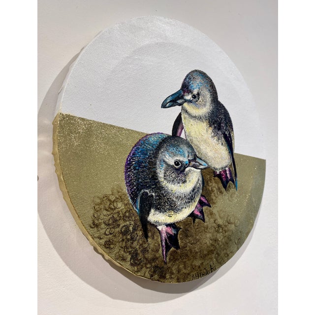 Anastasia Gklava, Baby Penguins, Oil Painting with Gold Leaf on Round Canvas, 2025 For Sale - Image 15 of 18