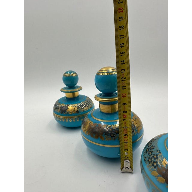 Turquoise Blue Opaline Bottles with Painted Golden Flowers Decoration, 1890s, Set of 3 For Sale - Image 4 of 11