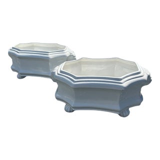 White Earthenware Italian Cachepots With Lions Heads -a Pair For Sale