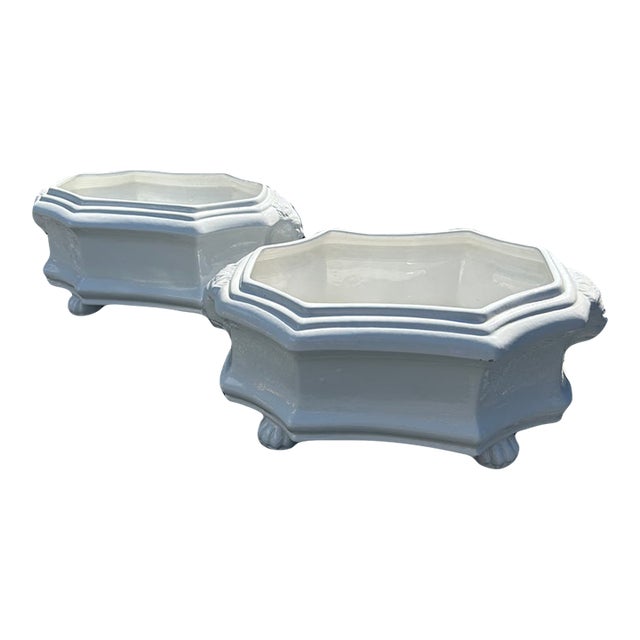 White Earthenware Italian Cachepots With Lions Heads -a Pair For Sale