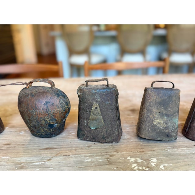 Mid 20th Century Collection of 15 Antique Hand-Forged Iron & Brass Cowbells With Beautiful Aged Patina For Sale - Image 5 of 10