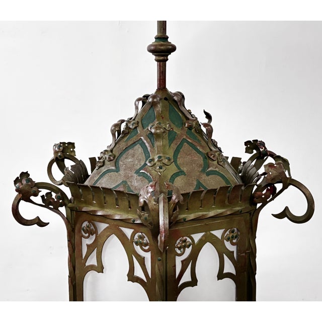 Highly unusual and large scale, excellent quality Asian inspired antique lantern. Wrought iron and steel with old bronze...