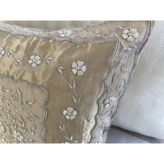 Silver Floral Zardozi Hand Embroidered Accent Decorative Pillow Cover For Sale - Image 8 of 10