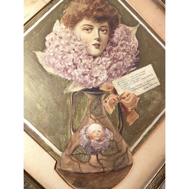 Victorian Antique 1800's Victorian Original Mixed Media Figural Lady Vase Painting Pinup For Sale - Image 3 of 11