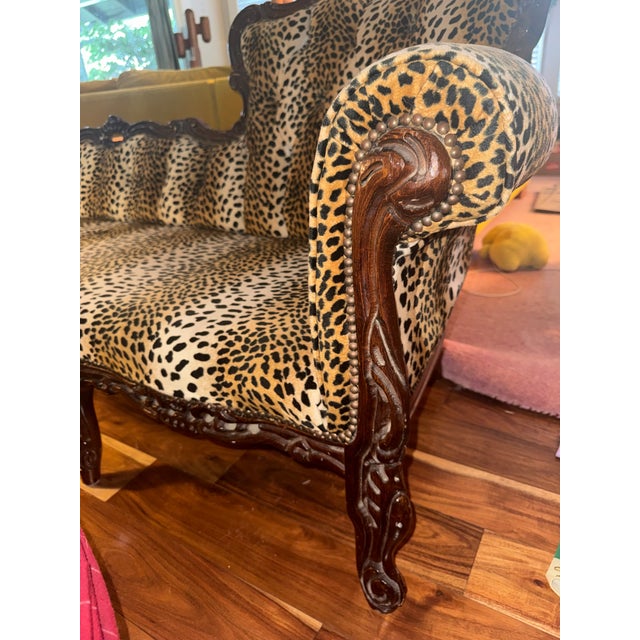 Vintage Rococo Revival Leopard Chaise Lounge. Hand Carved Wood. Professionally Upholstered. Hand Carved Wood. Professionally Upholstered. For Sale - Image 4 of 10