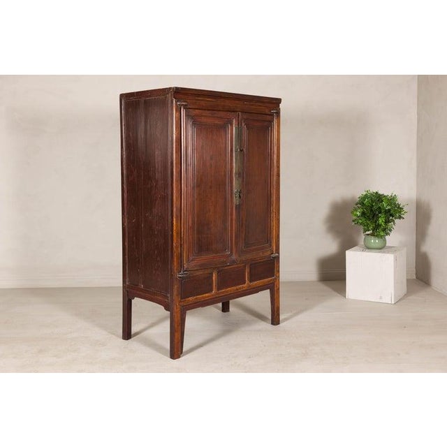 Wood Elm Brown Lacquer Cabinet with Bronze Hardware and Shelves, Late Qing Dynasty For Sale - Image 7 of 10