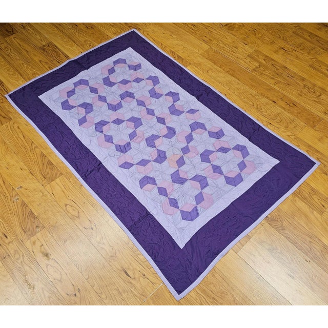 Vintage Pennsylvania Amish “Block and Star” Hand-Stitched Cotton Quilt For Sale - Image 9 of 12