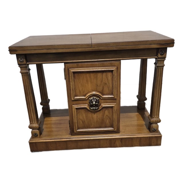 1960s Vintage Thomasville Lion’s Head Walnut Hardwood Credenza / Buffet / Serving / Server Table With Flip Top on Wheels For Sale