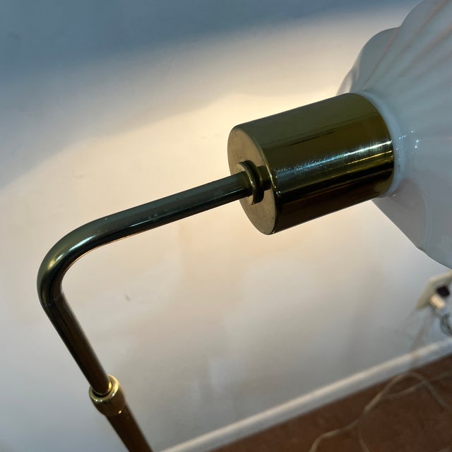 Mid-Century Modern 1970s Italian Ceramic Clam Shell Shade Tommaso Barbi Adjustable Brass Floor Lamp Set For Sale - Image 3 of 12