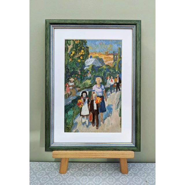 Textile Mid-Century Modern "Off to School" Vintage Framed Oil Painting For Sale - Image 7 of 7