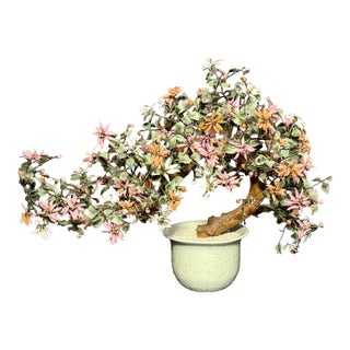 Large Vintage Chrysanthemum Hardstone Flower Bonsai Tree in Celadon Pot For Sale