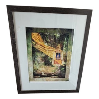 Ethereal Temple Scene, Lush Greenery, Golden Drapery, Fine Art Photography Framed For Sale