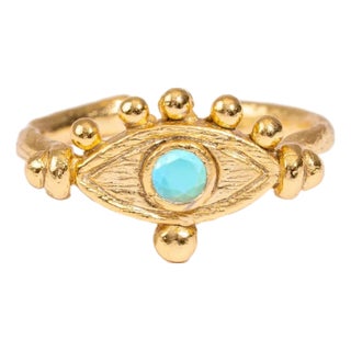 Mystic Turquoise Evil Eye Gold Adjustable Band Ring, Size 8 For Sale