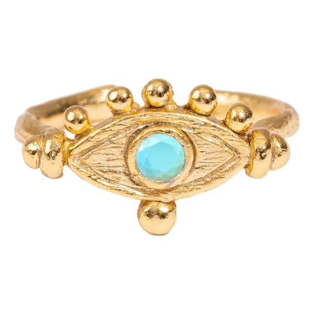 Mystic Turquoise Evil Eye Gold Adjustable Band Ring, Size 8 For Sale