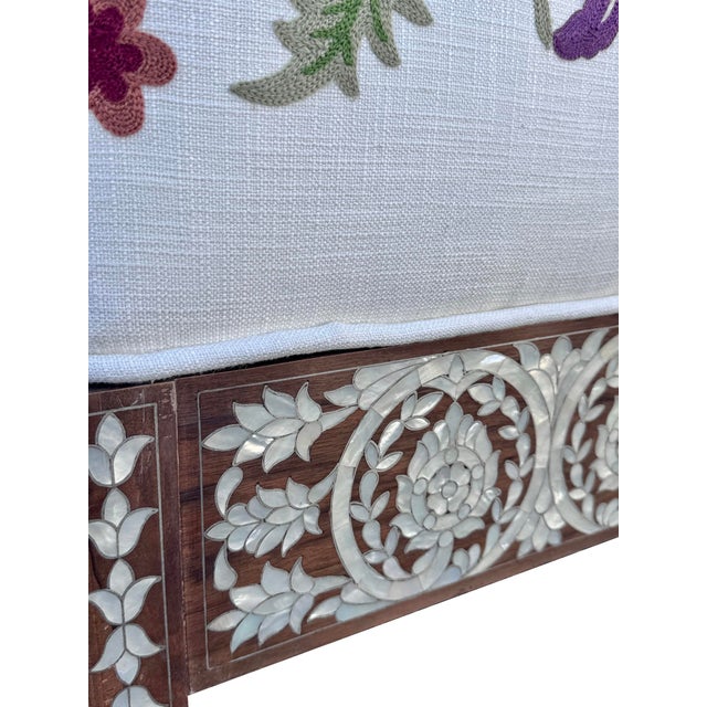 Wood Vintage Mother of Pearl Inlay Bench With Hand Embroidered Suzani-Style Linen Upholstery For Sale - Image 7 of 10