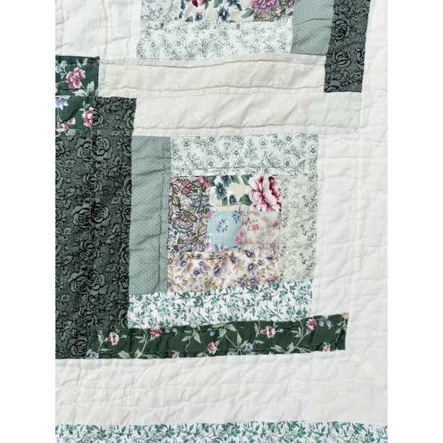 Vintage Hand Stitched Log Cabin Quilt Green And White, Square 77x79” For Sale - Image 11 of 18