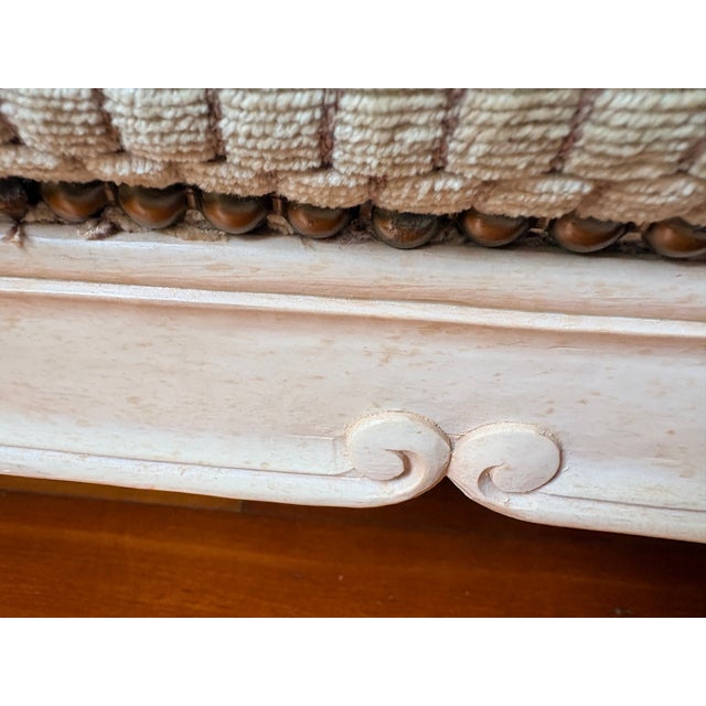 Late 20th Century Late 20th Century Large Louis XV Style French Provincial Carved Ottoman, Cream Painted Cabriole Frame, Neutral Woven Basketweave Upholstery For Sale - Image 5 of 13