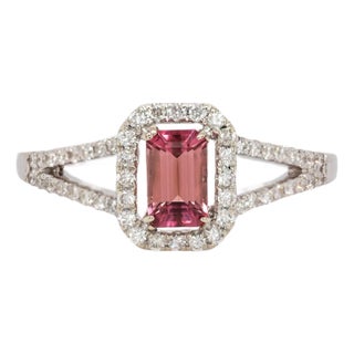 Pink Tourmaline and Natural Diamonds Ring in Solid 14k White Gold | Em 6x4mm, Size 6.75 For Sale
