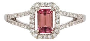 Pink Tourmaline and Natural Diamonds Ring in Solid 14k White Gold | Em 6x4mm, Size 6.75