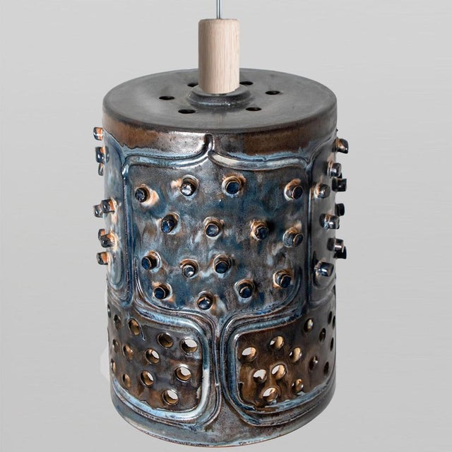 Danish Cylinder Brown Blue Ceramic Pendant Light, 1970 For Sale - Image 9 of 15