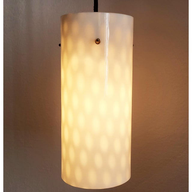 Elegant white mid-century modern Murano glass pendant light with brass socket, new black textile cord, fully functioning,...