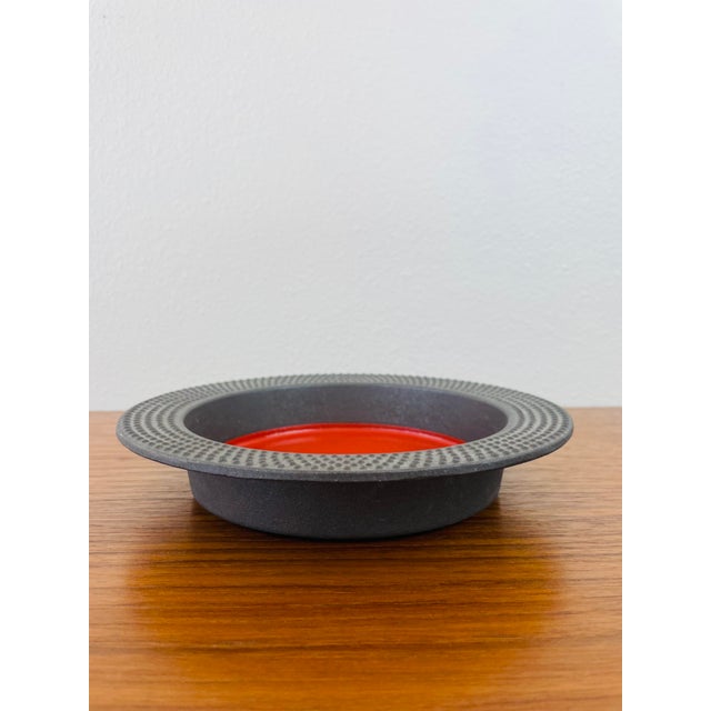 Vintage 1960s Longborg Catchall Tray made of heavy metal orange enamel at center ribbed rim marked longborg denark...