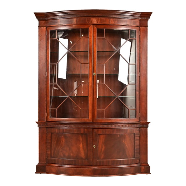 Baker Furniture Georgian Flame Mahogany Lighted Breakfront Bookcase Cabinet For Sale
