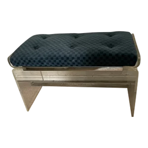 1970s Charles Hollis Jones Lucite Bench With Chrome Stretcher Upholstered in Blue Check Velvet