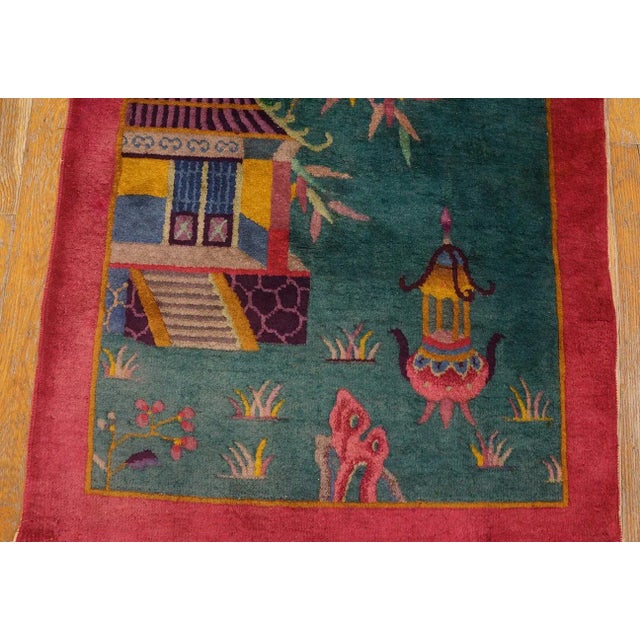 1920s 1920s Green Garden Landscape Antique Chinese Art Deco Carpet 2' 6'' X 4' 5'' Knotted Wool Rug For Sale - Image 5 of 10