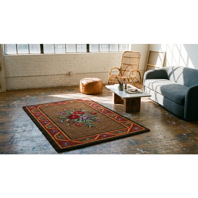 Significant Brown Chocolate Color With Special Floral Design Antique American Hooked Rug For Sale - Image 14 of 15