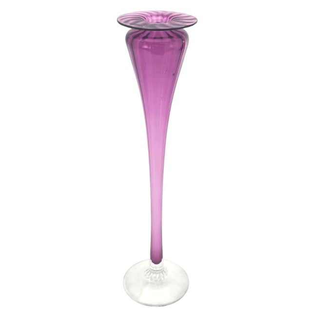 Glass Young & Constantin Signed Ruby Glass Trumpet Bud Vase Ribbed Studio Art 13" For Sale - Image 7 of 10