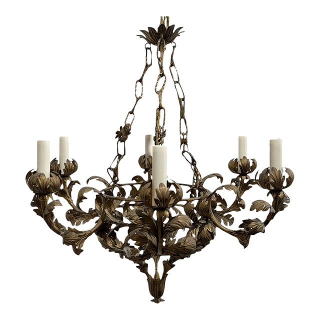 Vintage Italian Style Leaves Decor Metal 6 Arm Wired Chandelier For Sale